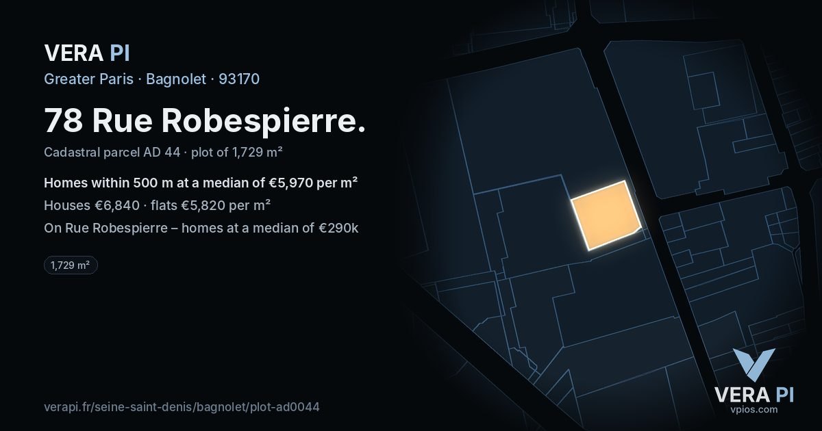 78 Rue Robespierre, Bagnolet at night – the plot lit, the parcels around coloured by the prices near them