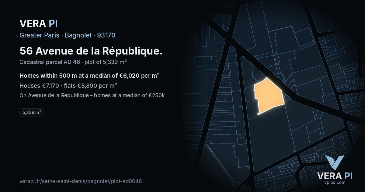 56 Avenue de la République, Bagnolet at night – the plot lit, the parcels around coloured by the prices near them