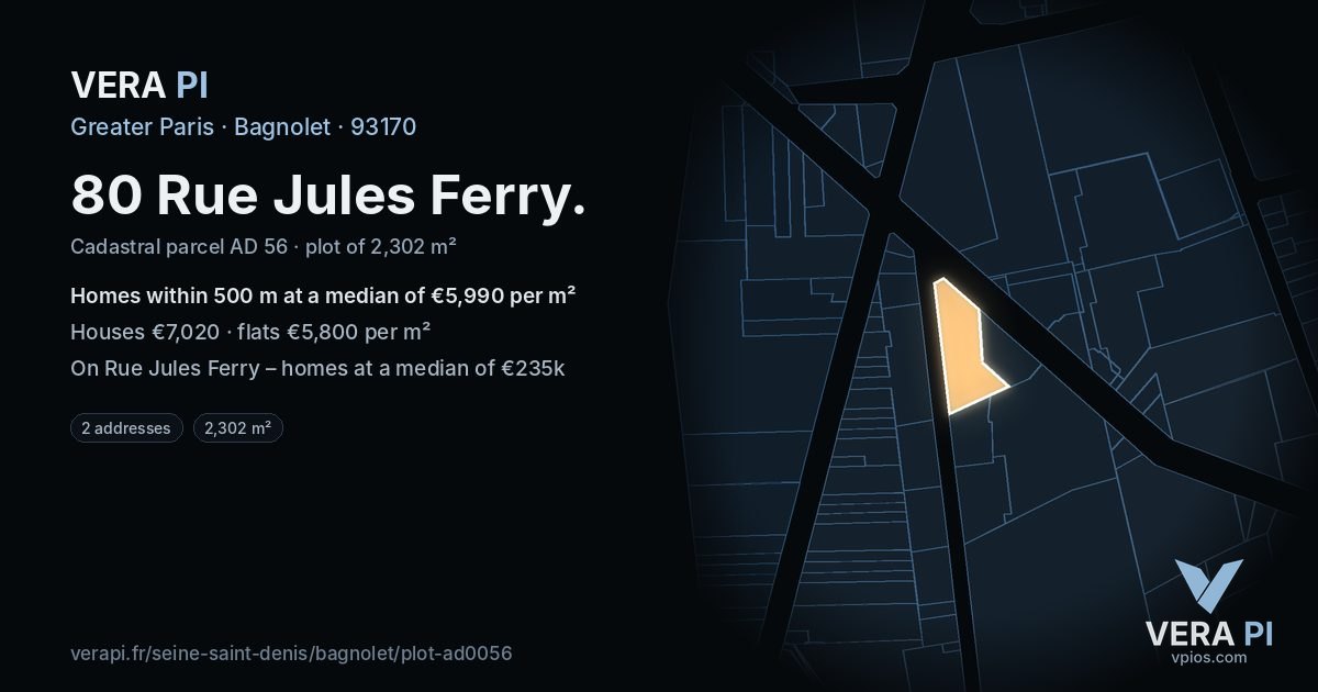 80 Rue Jules Ferry, Bagnolet at night – the plot lit, the parcels around coloured by the prices near them