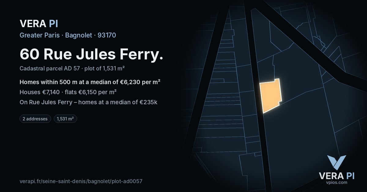 60 Rue Jules Ferry, Bagnolet at night – the plot lit, the parcels around coloured by the prices near them
