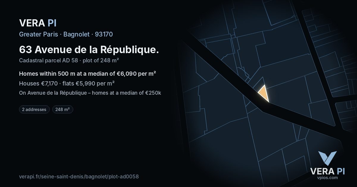 63 Avenue de la République, Bagnolet at night – the plot lit, the parcels around coloured by the prices near them