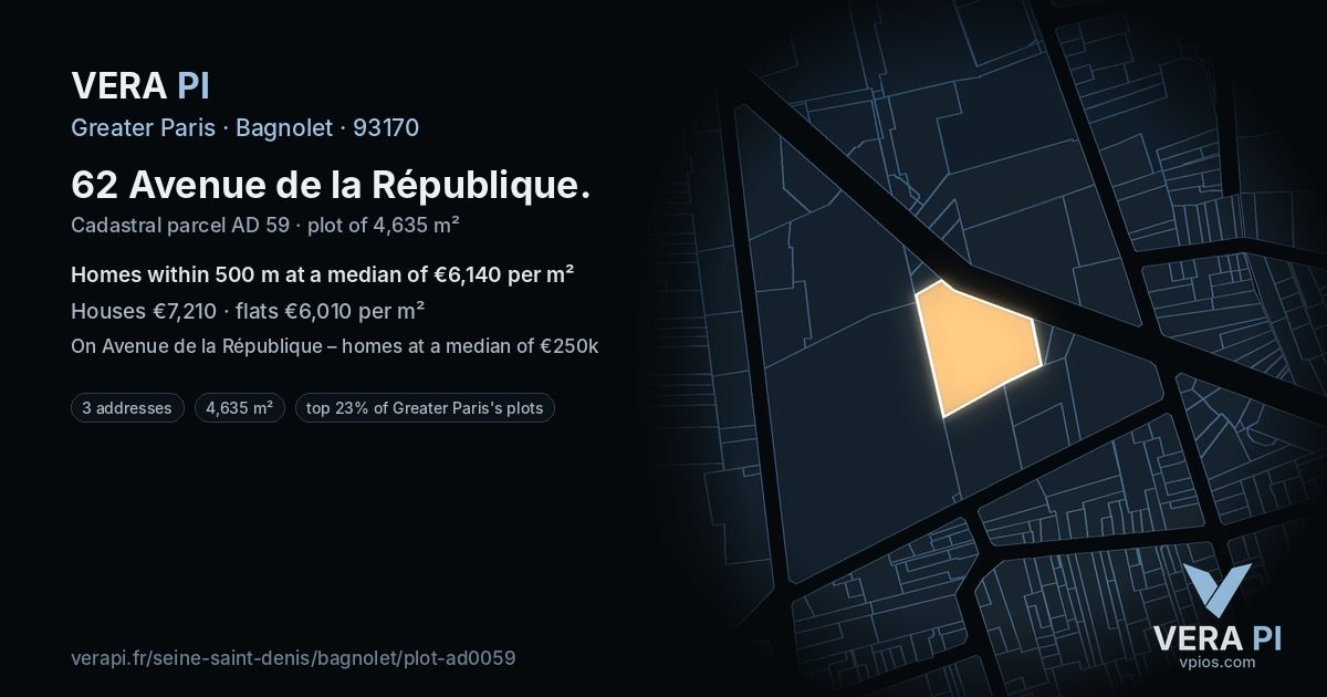 62 Avenue de la République, Bagnolet at night – the plot lit, the parcels around coloured by the prices near them
