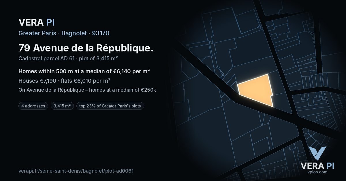 79 Avenue de la République, Bagnolet at night – the plot lit, the parcels around coloured by the prices near them