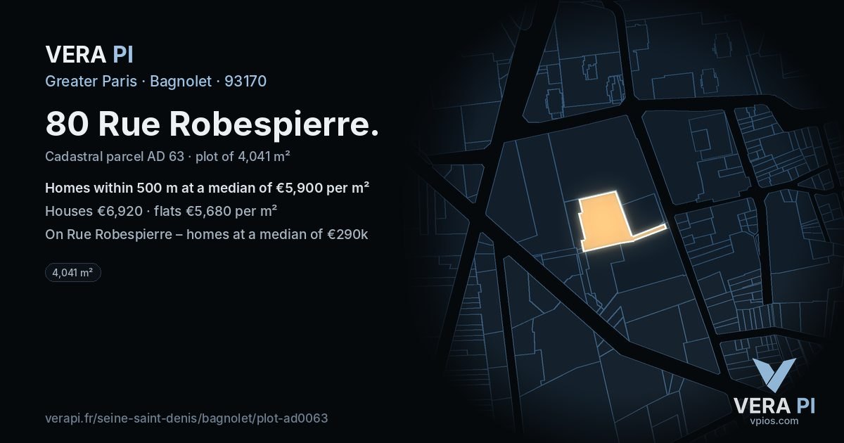 80 Rue Robespierre, Bagnolet at night – the plot lit, the parcels around coloured by the prices near them