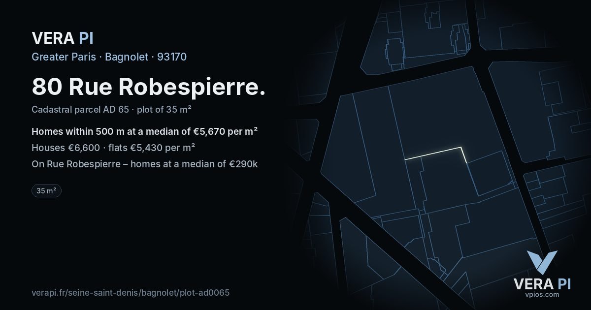 80 Rue Robespierre, Bagnolet at night – the plot lit, the parcels around coloured by the prices near them