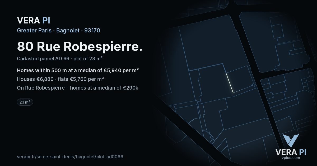 80 Rue Robespierre, Bagnolet at night – the plot lit, the parcels around coloured by the prices near them