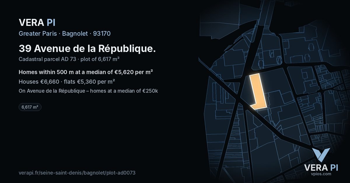 39 Avenue de la République, Bagnolet at night – the plot lit, the parcels around coloured by the prices near them