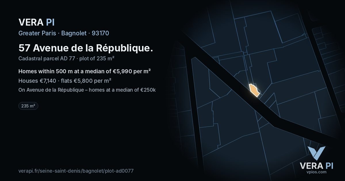 57 Avenue de la République, Bagnolet at night – the plot lit, the parcels around coloured by the prices near them