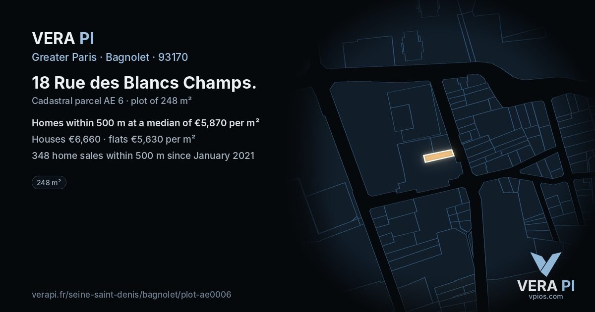 18 Rue des Blancs Champs, Bagnolet at night – the plot lit, the parcels around coloured by the prices near them