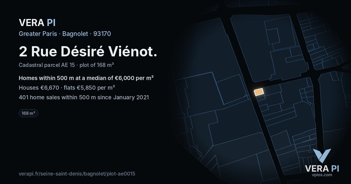 2 Rue Désiré Viénot, Bagnolet at night – the plot lit, the parcels around coloured by the prices near them