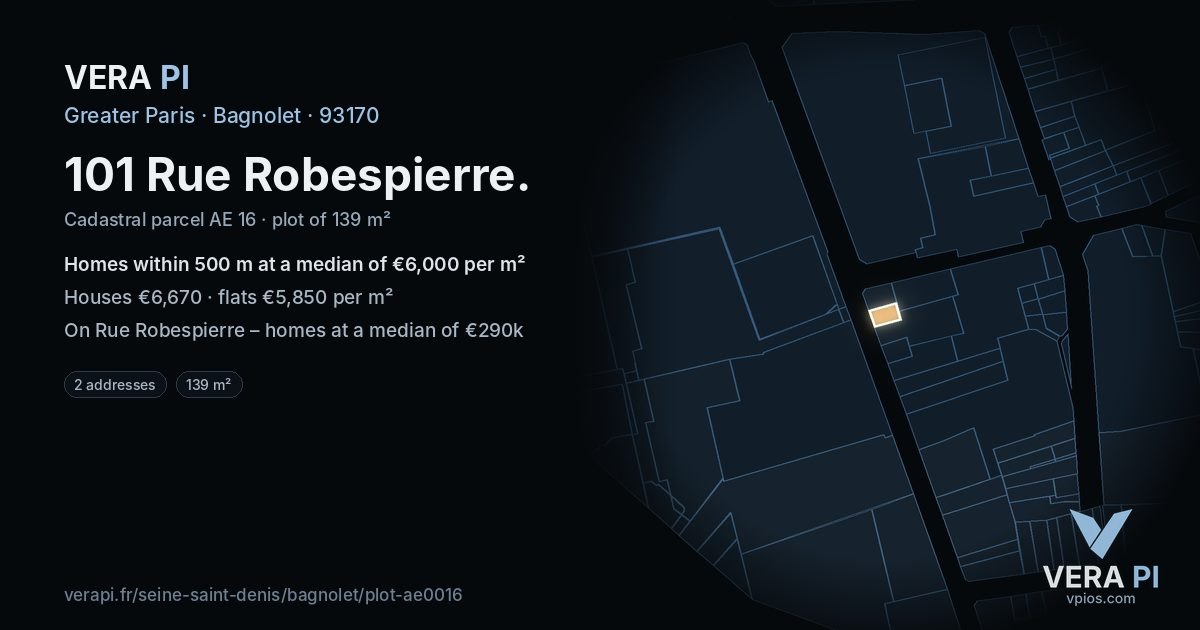101 Rue Robespierre, Bagnolet at night – the plot lit, the parcels around coloured by the prices near them