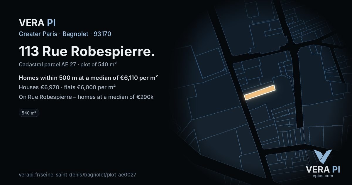 113 Rue Robespierre, Bagnolet at night – the plot lit, the parcels around coloured by the prices near them