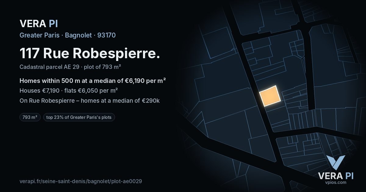 117 Rue Robespierre, Bagnolet at night – the plot lit, the parcels around coloured by the prices near them