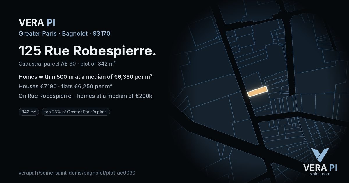 125 Rue Robespierre, Bagnolet at night – the plot lit, the parcels around coloured by the prices near them