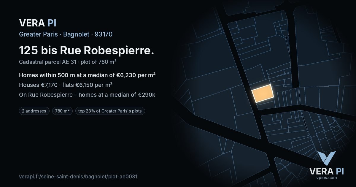 125 bis Rue Robespierre, Bagnolet at night – the plot lit, the parcels around coloured by the prices near them