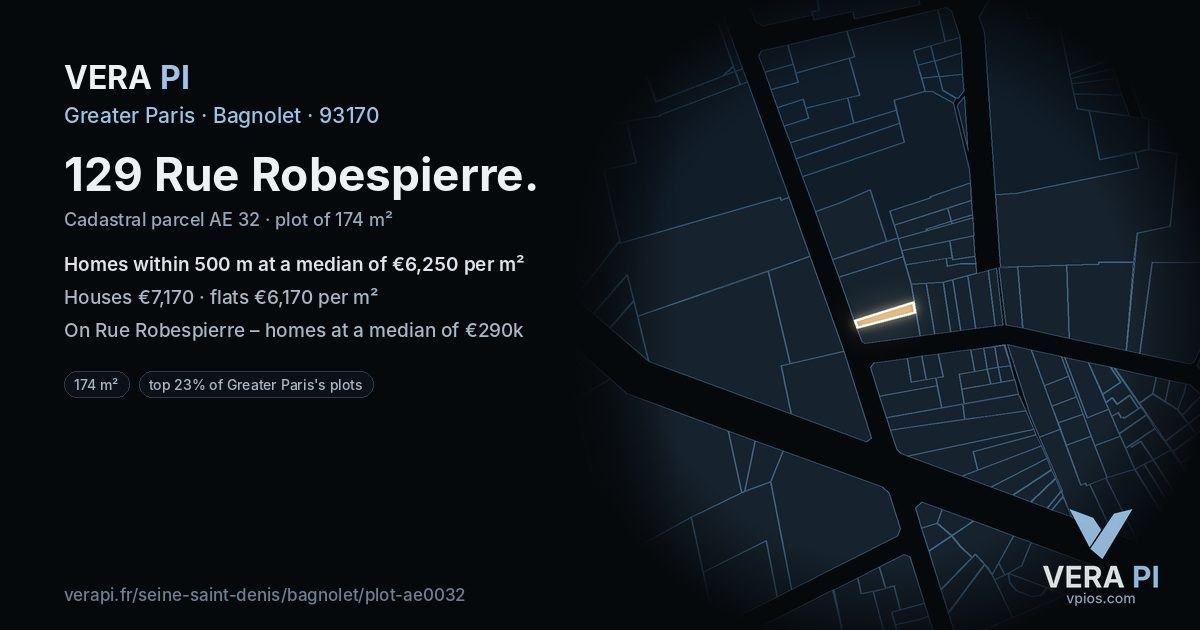 129 Rue Robespierre, Bagnolet at night – the plot lit, the parcels around coloured by the prices near them