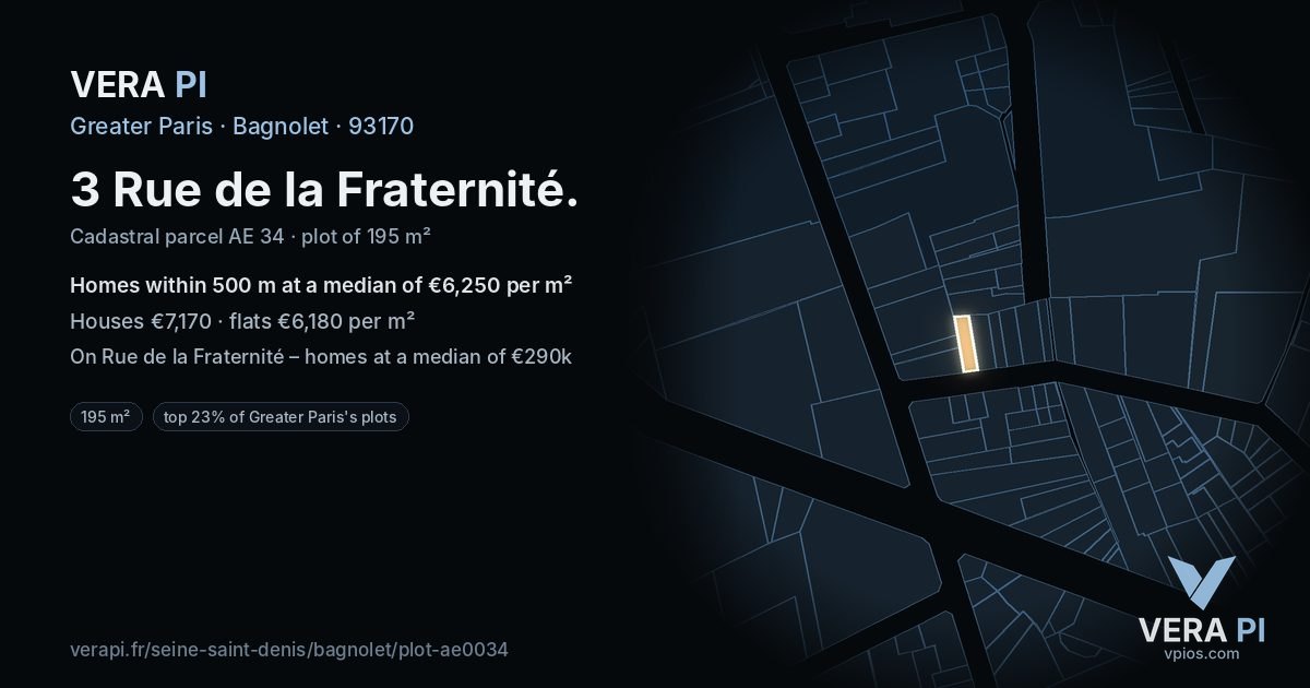 3 Rue de la Fraternité, Bagnolet at night – the plot lit, the parcels around coloured by the prices near them