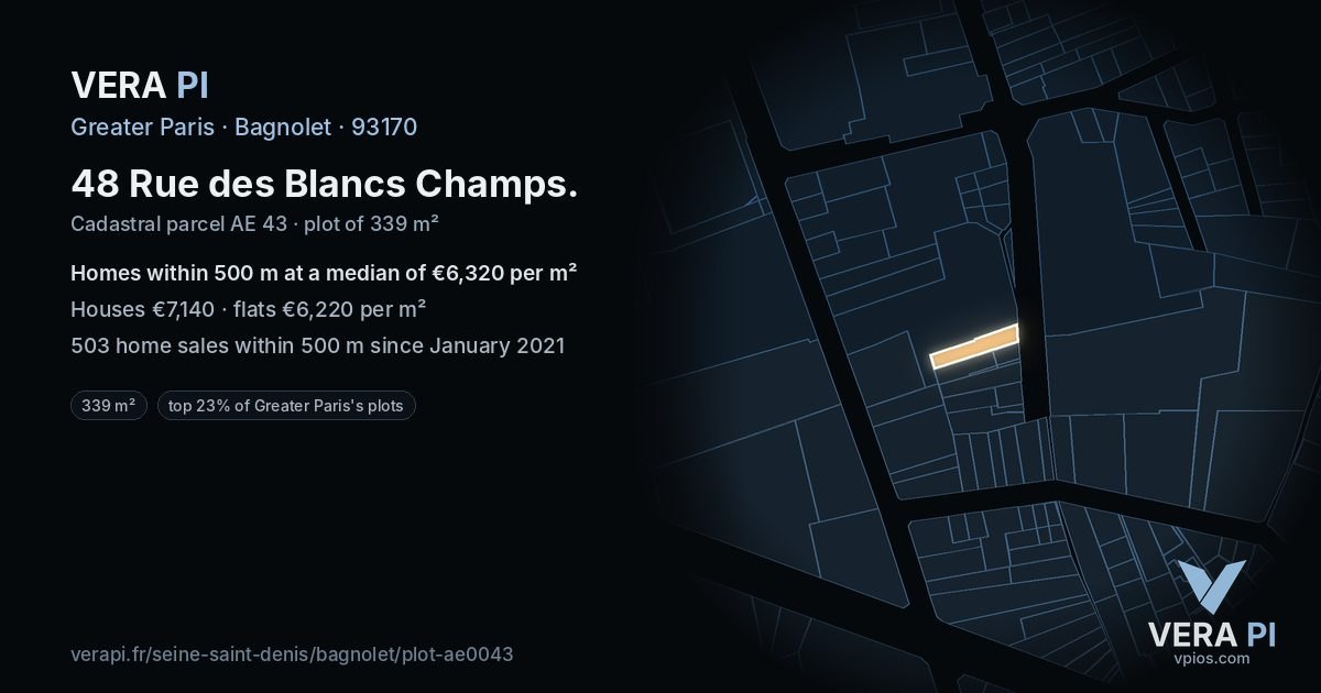 48 Rue des Blancs Champs, Bagnolet at night – the plot lit, the parcels around coloured by the prices near them