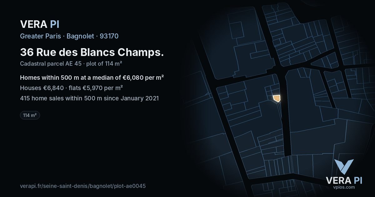 36 Rue des Blancs Champs, Bagnolet at night – the plot lit, the parcels around coloured by the prices near them