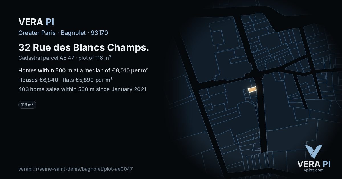 32 Rue des Blancs Champs, Bagnolet at night – the plot lit, the parcels around coloured by the prices near them