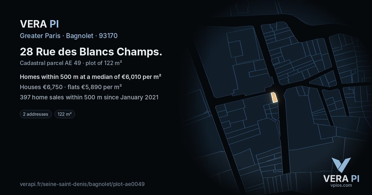 28 Rue des Blancs Champs, Bagnolet at night – the plot lit, the parcels around coloured by the prices near them