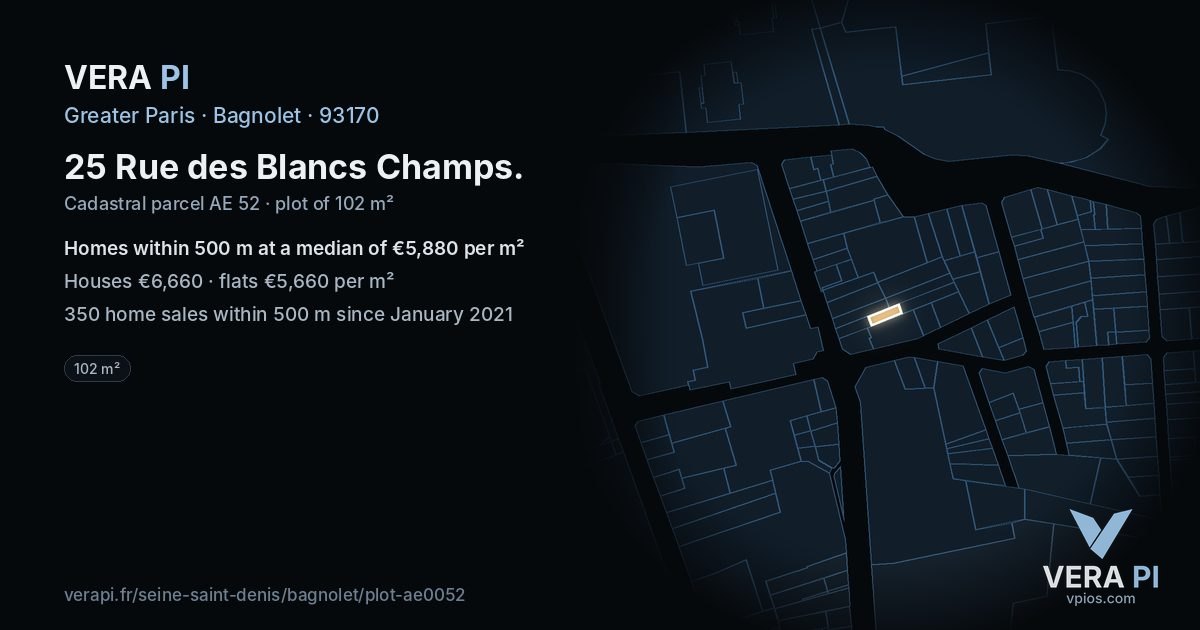 25 Rue des Blancs Champs, Bagnolet at night – the plot lit, the parcels around coloured by the prices near them
