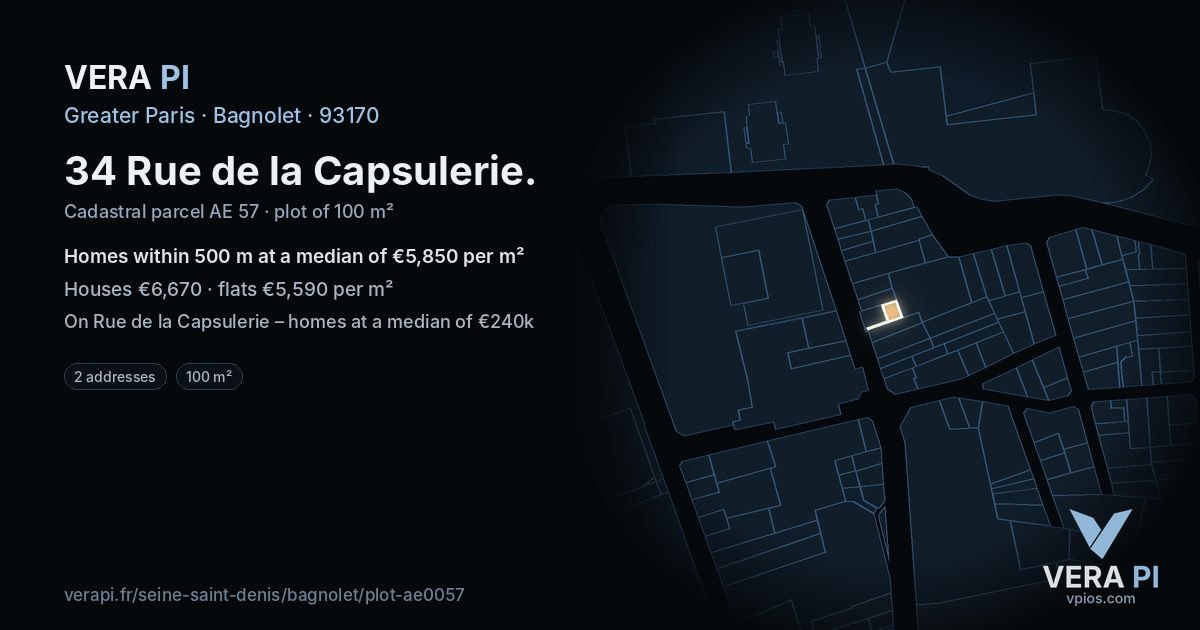 34 Rue de la Capsulerie, Bagnolet at night – the plot lit, the parcels around coloured by the prices near them