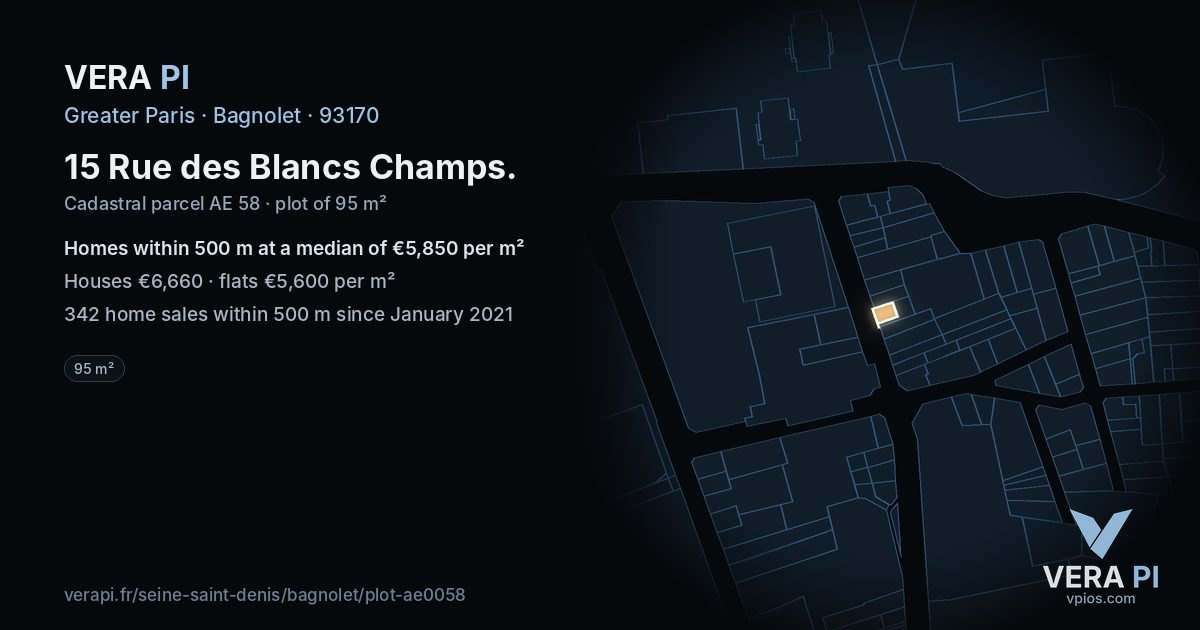 15 Rue des Blancs Champs, Bagnolet at night – the plot lit, the parcels around coloured by the prices near them