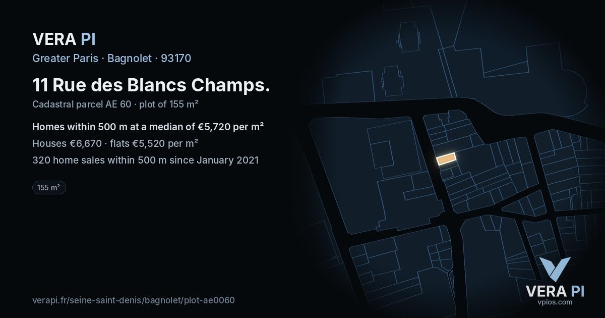 11 Rue des Blancs Champs, Bagnolet at night – the plot lit, the parcels around coloured by the prices near them