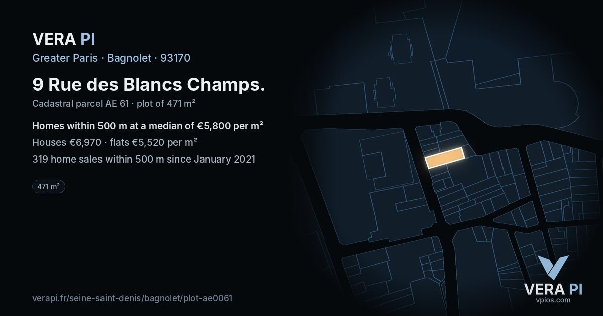 9 Rue des Blancs Champs, Bagnolet at night – the plot lit, the parcels around coloured by the prices near them