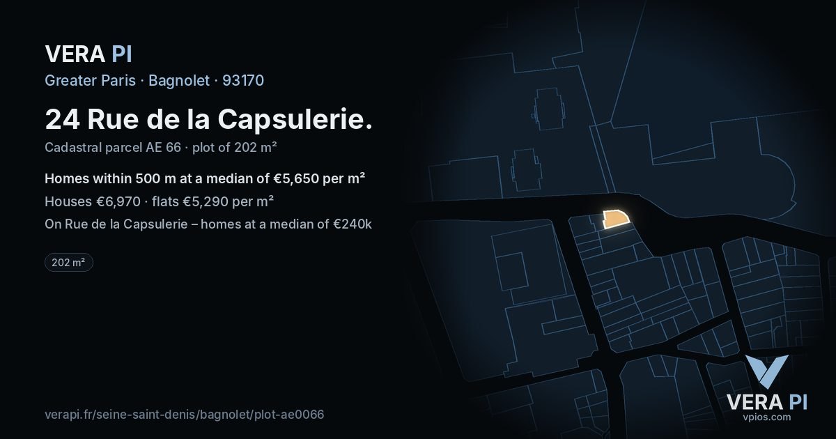 24 Rue de la Capsulerie, Bagnolet at night – the plot lit, the parcels around coloured by the prices near them