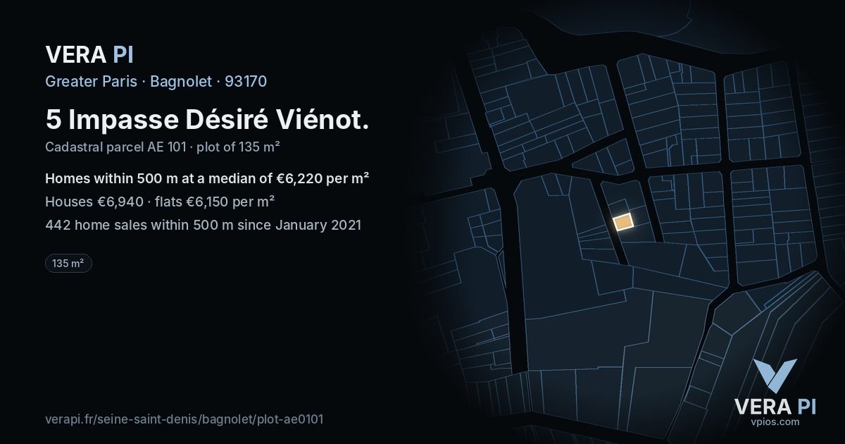 5 Impasse Désiré Viénot, Bagnolet at night – the plot lit, the parcels around coloured by the prices near them