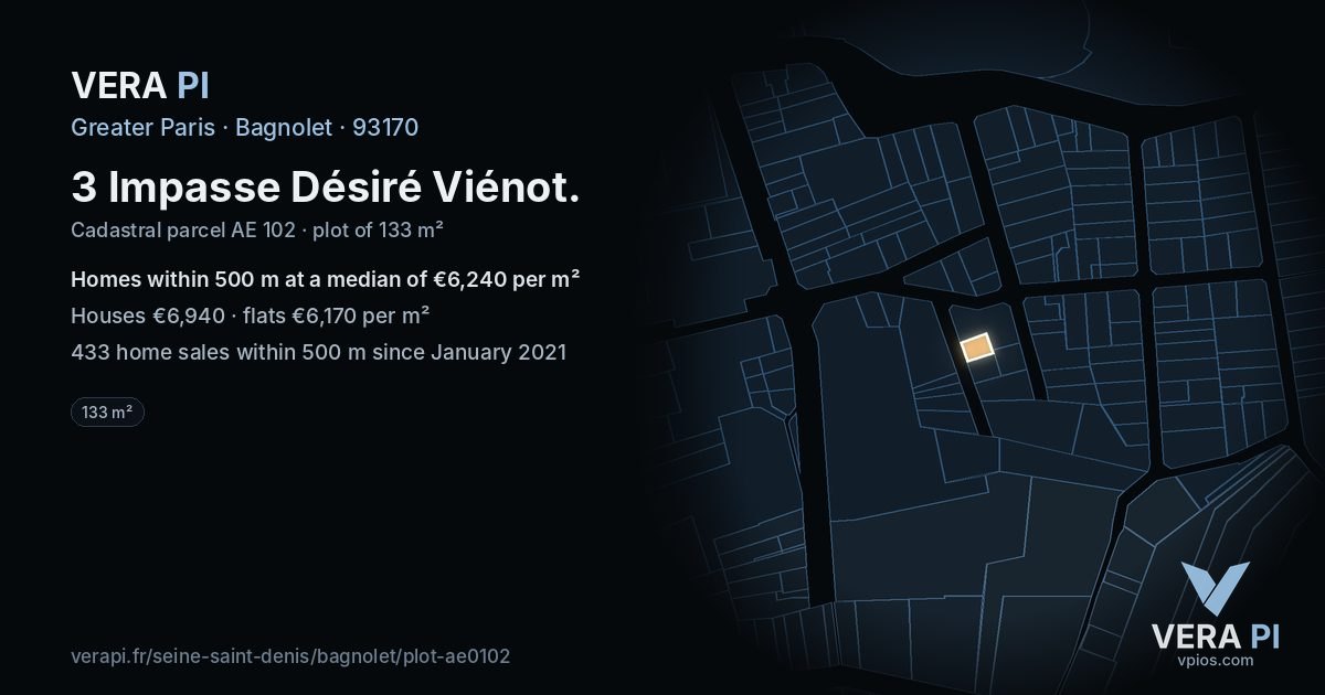 3 Impasse Désiré Viénot, Bagnolet at night – the plot lit, the parcels around coloured by the prices near them