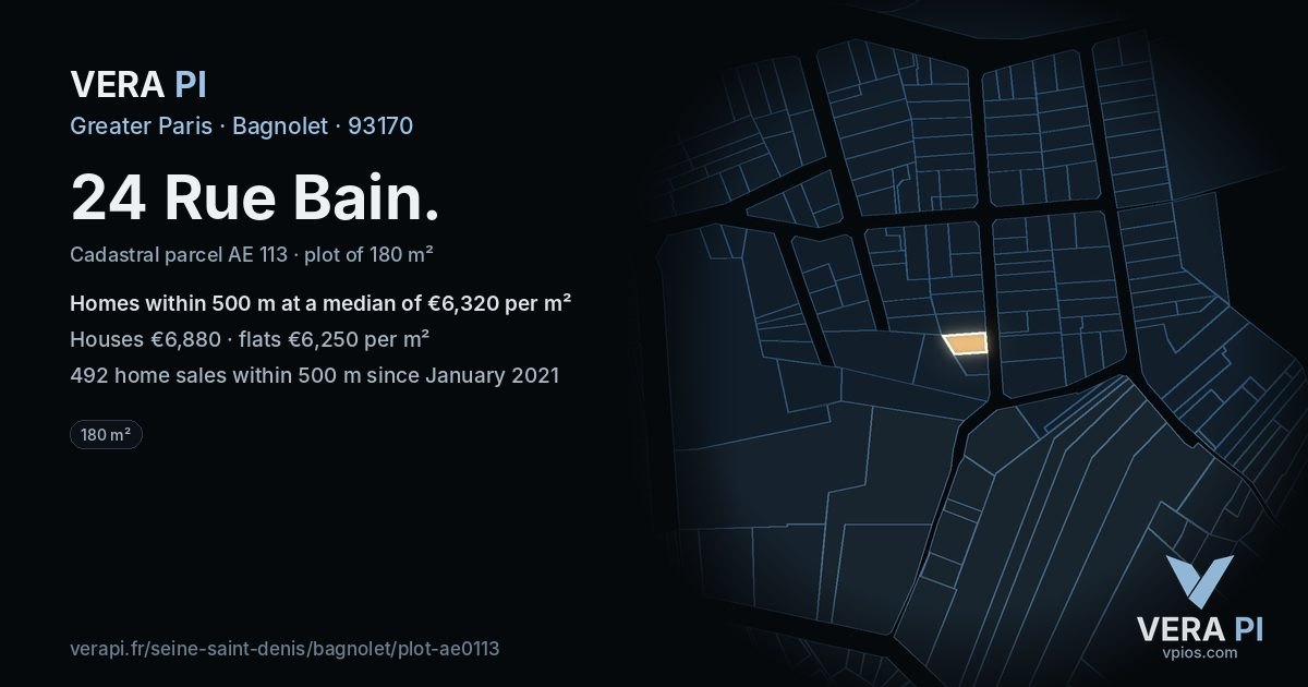 24 Rue Bain, Bagnolet at night – the plot lit, the parcels around coloured by the prices near them