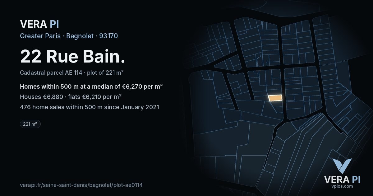22 Rue Bain, Bagnolet at night – the plot lit, the parcels around coloured by the prices near them