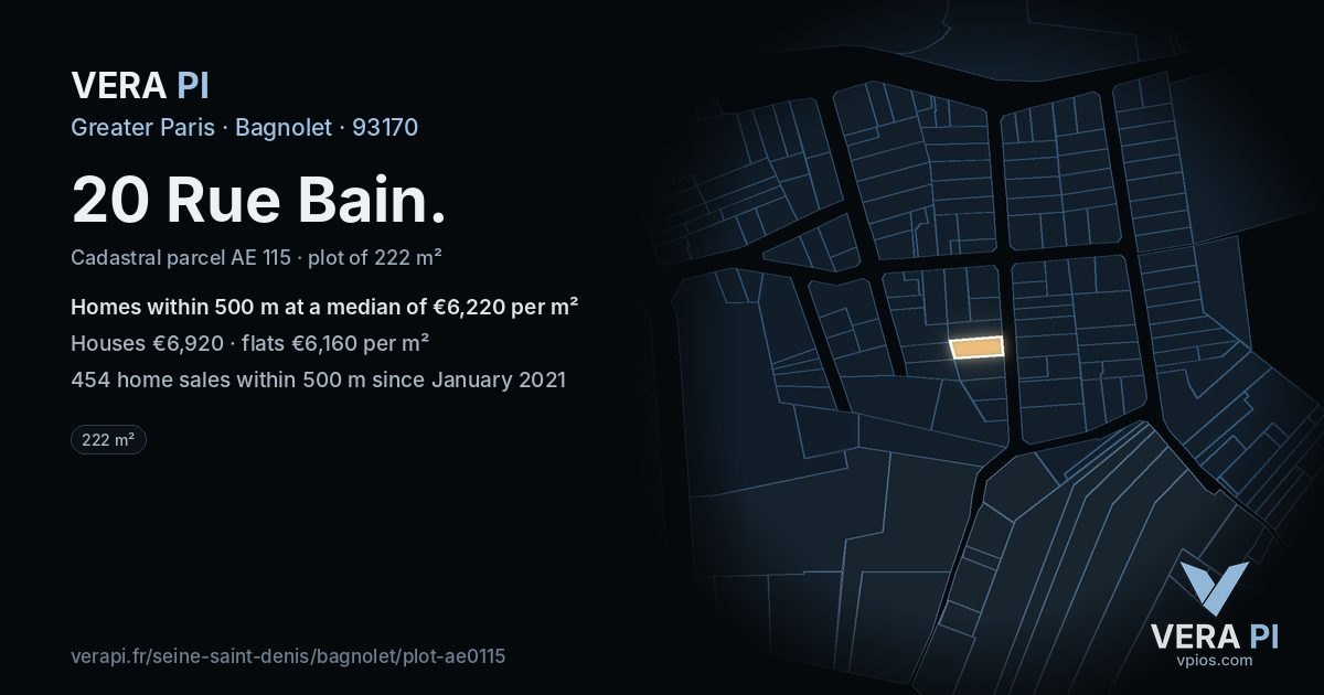 20 Rue Bain, Bagnolet at night – the plot lit, the parcels around coloured by the prices near them