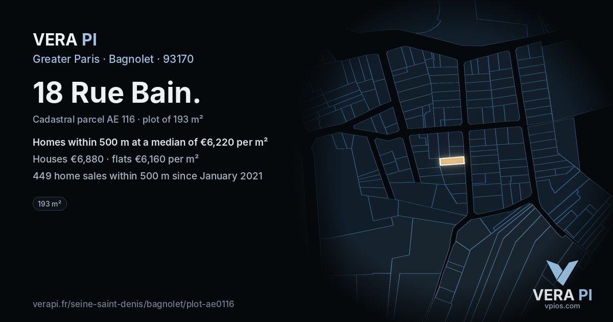 18 Rue Bain, Bagnolet at night – the plot lit, the parcels around coloured by the prices near them