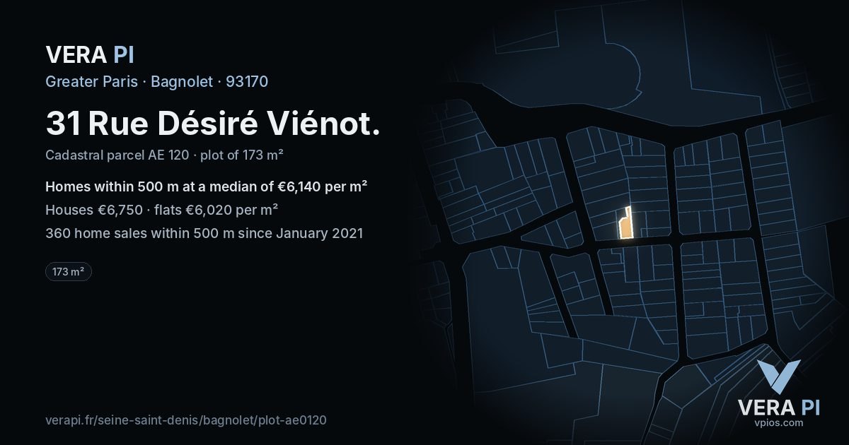 31 Rue Désiré Viénot, Bagnolet at night – the plot lit, the parcels around coloured by the prices near them