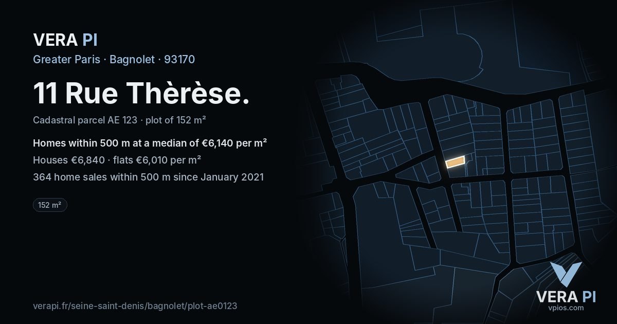 11 Rue Thèrèse, Bagnolet at night – the plot lit, the parcels around coloured by the prices near them