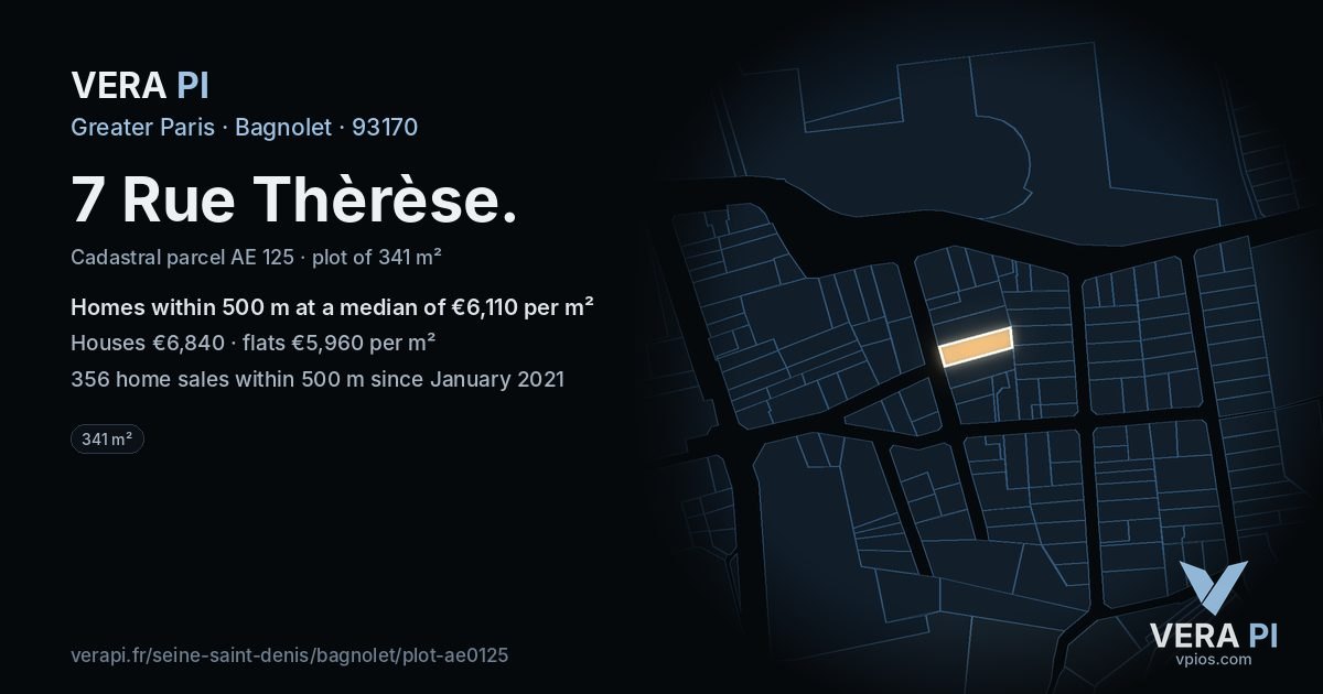 7 Rue Thèrèse, Bagnolet at night – the plot lit, the parcels around coloured by the prices near them