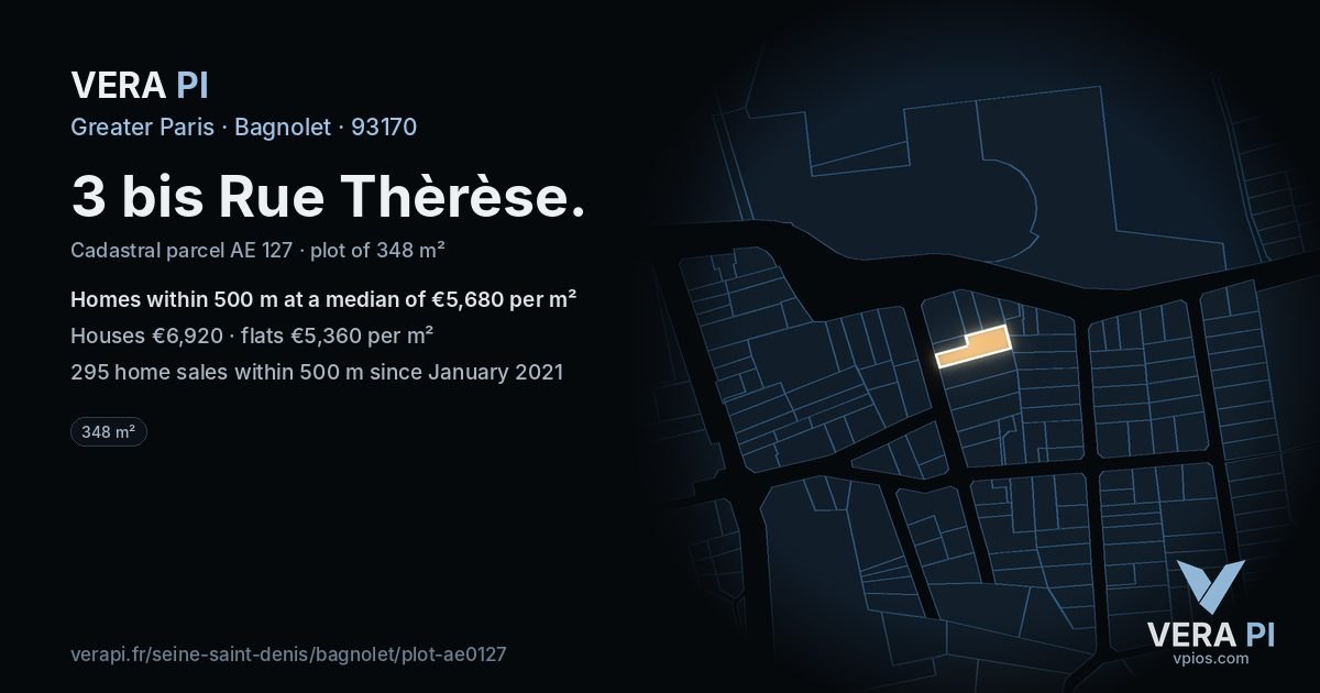 3 bis Rue Thèrèse, Bagnolet at night – the plot lit, the parcels around coloured by the prices near them