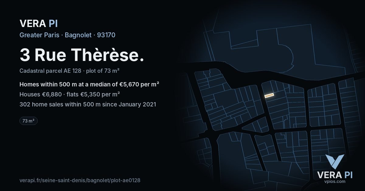 3 Rue Thèrèse, Bagnolet at night – the plot lit, the parcels around coloured by the prices near them