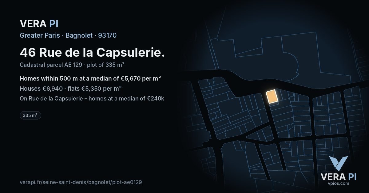 46 Rue de la Capsulerie, Bagnolet at night – the plot lit, the parcels around coloured by the prices near them