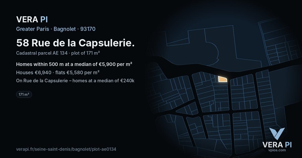 58 Rue de la Capsulerie, Bagnolet at night – the plot lit, the parcels around coloured by the prices near them