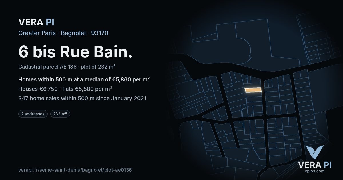 6 bis Rue Bain, Bagnolet at night – the plot lit, the parcels around coloured by the prices near them