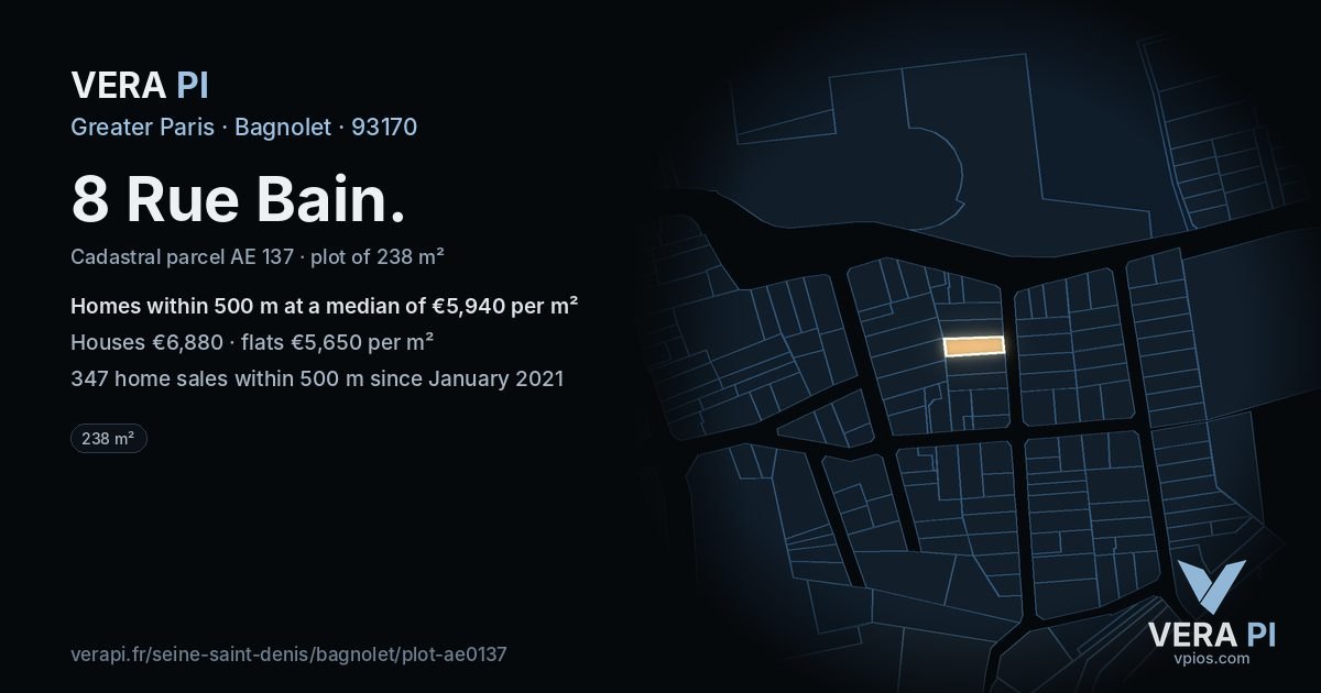 8 Rue Bain, Bagnolet at night – the plot lit, the parcels around coloured by the prices near them