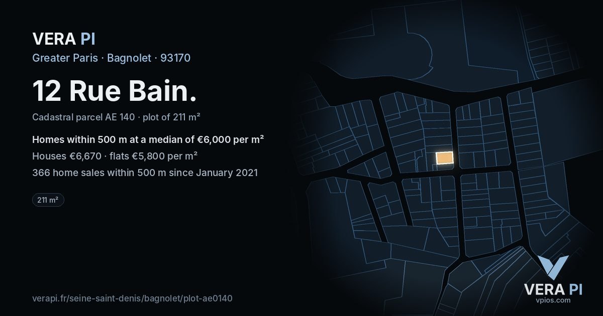 12 Rue Bain, Bagnolet at night – the plot lit, the parcels around coloured by the prices near them