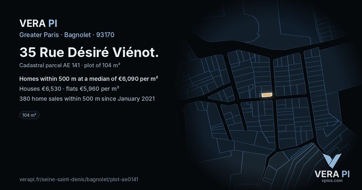 35 Rue Désiré Viénot, Bagnolet at night – the plot lit, the parcels around coloured by the prices near them