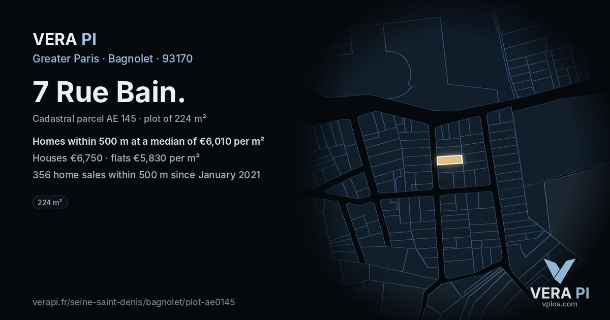 7 Rue Bain, Bagnolet at night – the plot lit, the parcels around coloured by the prices near them