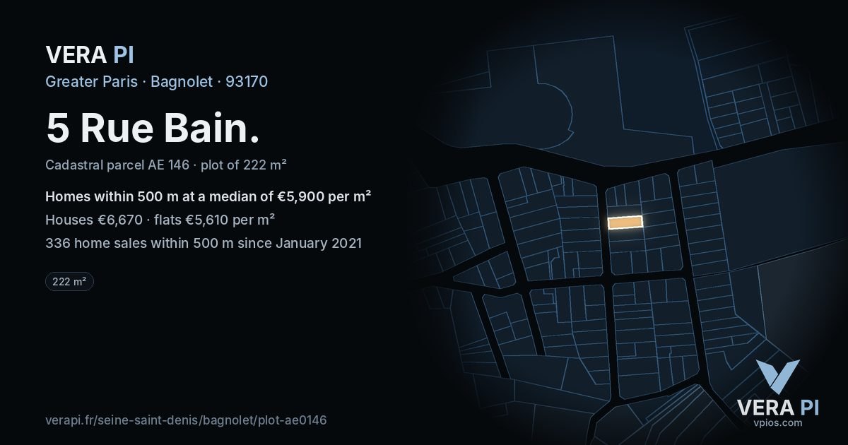 5 Rue Bain, Bagnolet at night – the plot lit, the parcels around coloured by the prices near them